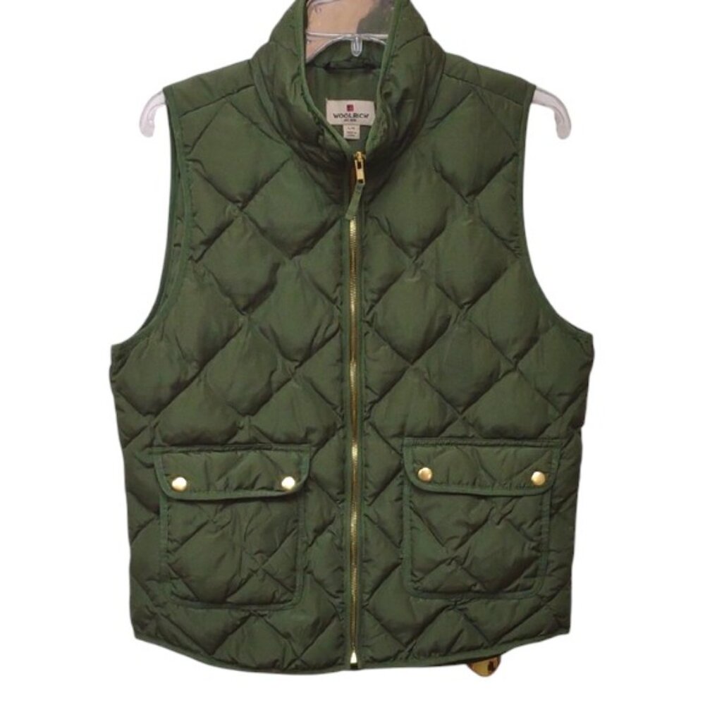 Woolrich Women's Olive Quilted Washable Down Insulated Full Zip Vest Gold Detail